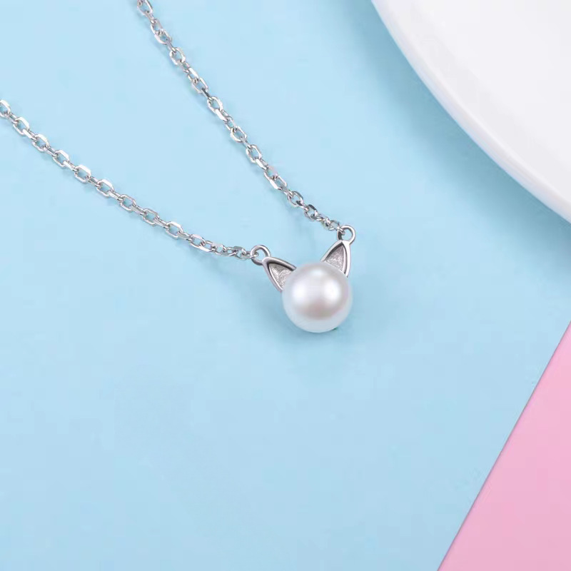 Pearl Trim Chain - แฟชั่นเครื่องประดับเงินแท้ 925 สร้อยคอจี้รูปแมวน่ารักประดับมุก ดีไซน์สวยงาม รุ่น XL166