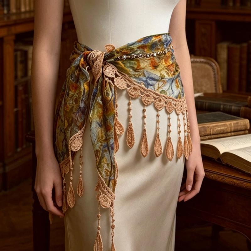 Tassel Fringe Trim - ผ้าพันคอสามเหลี่ยมสไตล์โบฮีเมียนพร้อมพู่ตกแต่ง ผ้าคลุมไหล่ลูกไม้สำหรับผู้หญิง เนื้อผ้านุ่ม ระบายอากาศได้ดี ใช้เป็นผ้าคาดเอวชายหาดหรือเครื่องประดับสำหรับชุดประจำวัน